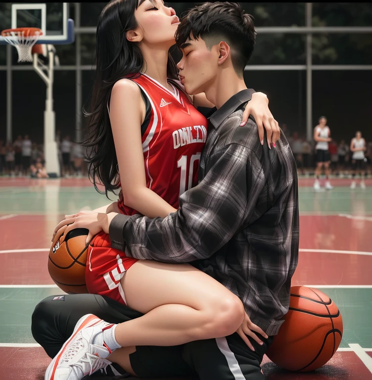 beautiful girl from Thailand, closing eyes, facing a man, wearing a tight red basketball jersey with 'Wak FARIZI My LV' embroidered on it, white basketball shoes, red shorts, long black hair, squatting on her man's lap who is wearing a dark grey long sleeve flannel plaid shirt, straighten both his legs, hugging him with great affection, romantic lift hug, basketball court background, athletic fashion photography, passionate pose, from then on a basketball, by Emma Andijewska, playing basketball, jordan grimmer and natasha tan, basketball, by Natasha Tan, couple kissing, tumblr, tyler edlin and natasha tan, kissing together