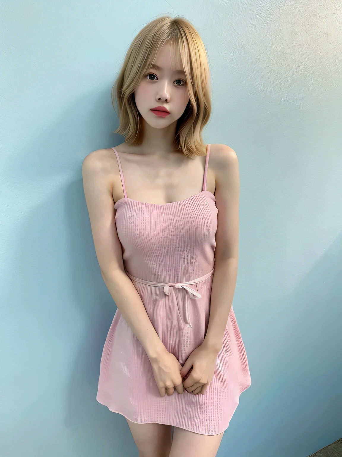 one person、、Full body photo、slender、woman、White drool coming out of the mouth、short hair、Blonde、 Fair skin, messy hair, super cute、Soft and Face、8k resolution、Surreal、Ultra high definition、 A-cup small breasts((Highest resolution、8k、masterpiece:1.3))、Ultra-fine face、Ultra Fine Lips、Beautiful Eyes、double eyelid,Light blue wall、Pink bandeau dress:1.1、Thighs、thin,Thighs are visible、Shapely small breasts、