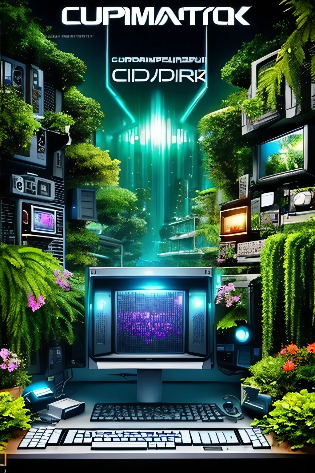 computador ciberpunk, fundo jardim florido