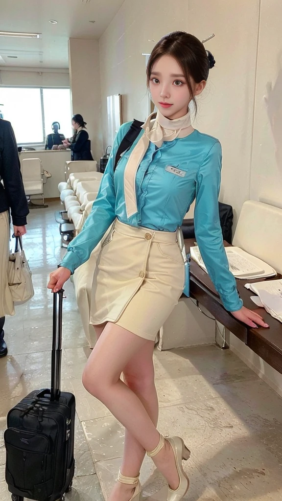 ((Incredibly stylish and beautiful)), ((really meticulous CG)), (realistic)、(intricate details:1.2)、(masterpiece、:1.3)、(top quality:1.4)、(Ultra A high resolution:1.2)、Ultra A high resolution, 8K resolution, Very detailed expression, studio soft light, vivid details, super detailing, complete anatomy, realistic skin texture, realistoc shading, (Highly detailed CG Unity 16k wallpaper), (High Quality), full body photo, 1 girl, (korean facial makeup : 1.4), beautiful: 1.3, a little smile, ((crew cut, bun hair, flight attendant hair style)), perfect figure, femur, medium chest, Medium Body, Korean flight attendant, (Flight attendant uniforms),(Flight attendants in uniform), detail face, warm gaze, clear eyes, beautiful detailed eyes, small nose, small head, silk petit scarf, flesh-colored shiny pantyhose : 1.5, court shoes)), air terminal, airport lobby, ivory and sky colored luggage, walking, boarding an airplane, detailed background