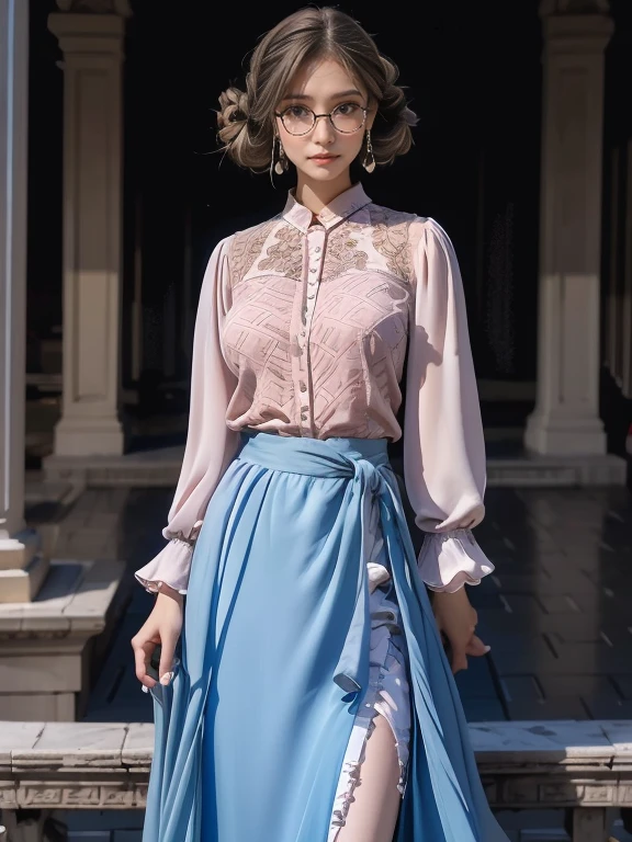 (Realistic、High resolution:1.3),alone, One Girl, masterpiece, highest quality, Very detailed, Cinema Lighting, Intricate details, High resolution, Official Art, Beautifully detailed face and eyes, High resolutionのイラスト, 8k, (Short bun hairstyle), Ash Brown Hair:1.3, Very thin body, ((Monogram lace)),((Chiffon long skirt、Chiffon blouse:1.3)) 、Single Blade, blue eyes, Glasses, patterned high heels, Big Breasts, Book_stack, library, ((vine)), Looking at the audience,whole body,Elegant high heels,