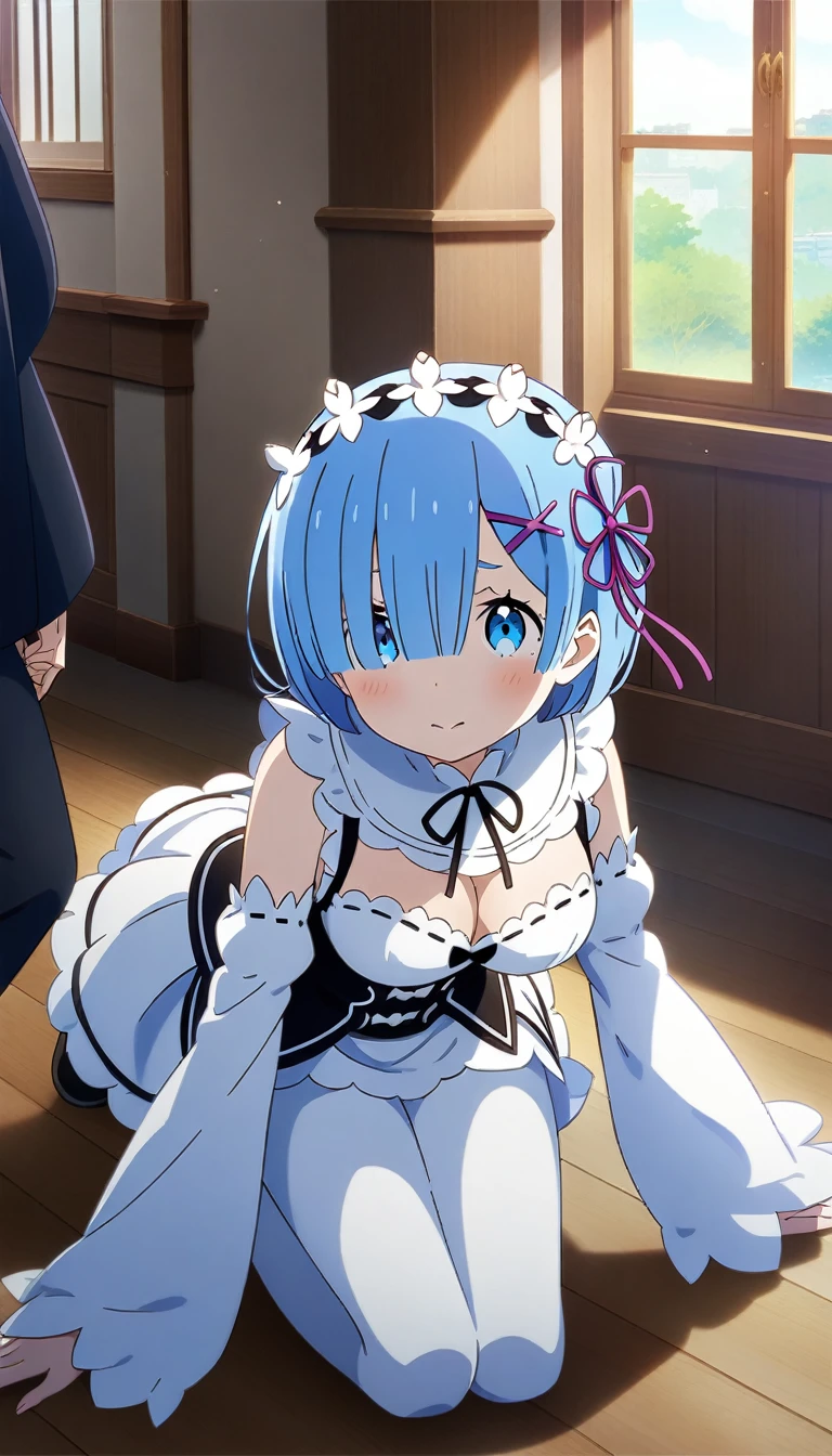 1girl and 1boy, rem \(re:zero\), re:zero kara hajimeru isekai seikatsu, kneeling, large breasts, anime artwork, anime style, key visual, vibrant, studio anime, highly detailed, looking at viewer, masterpiece, best quality, very aesthetic, absurdres