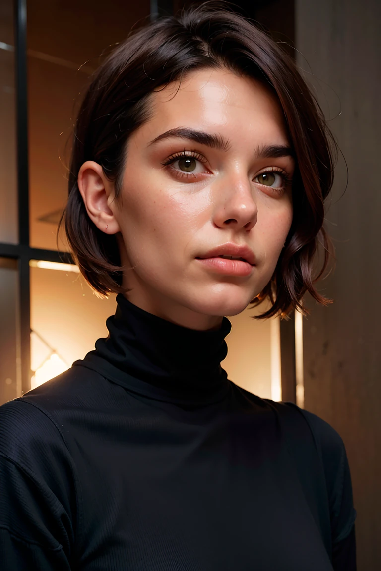 A stunning intricate full color portrait of zaraZof1, wearing a black turtleneck, epic character composition, by Ssunbiki, alessio albi, nina masic, sharp focus, natural lighting, subsurface scattering, f2, 35mm,, very short hair