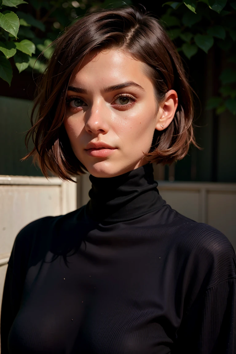 A stunning intricate full color portrait of zaraZof1, wearing a black turtleneck, epic character composition, by Ssunbiki, alessio albi, nina masic, sharp focus, natural lighting, subsurface scattering, f2, 35mm,, very short hair
