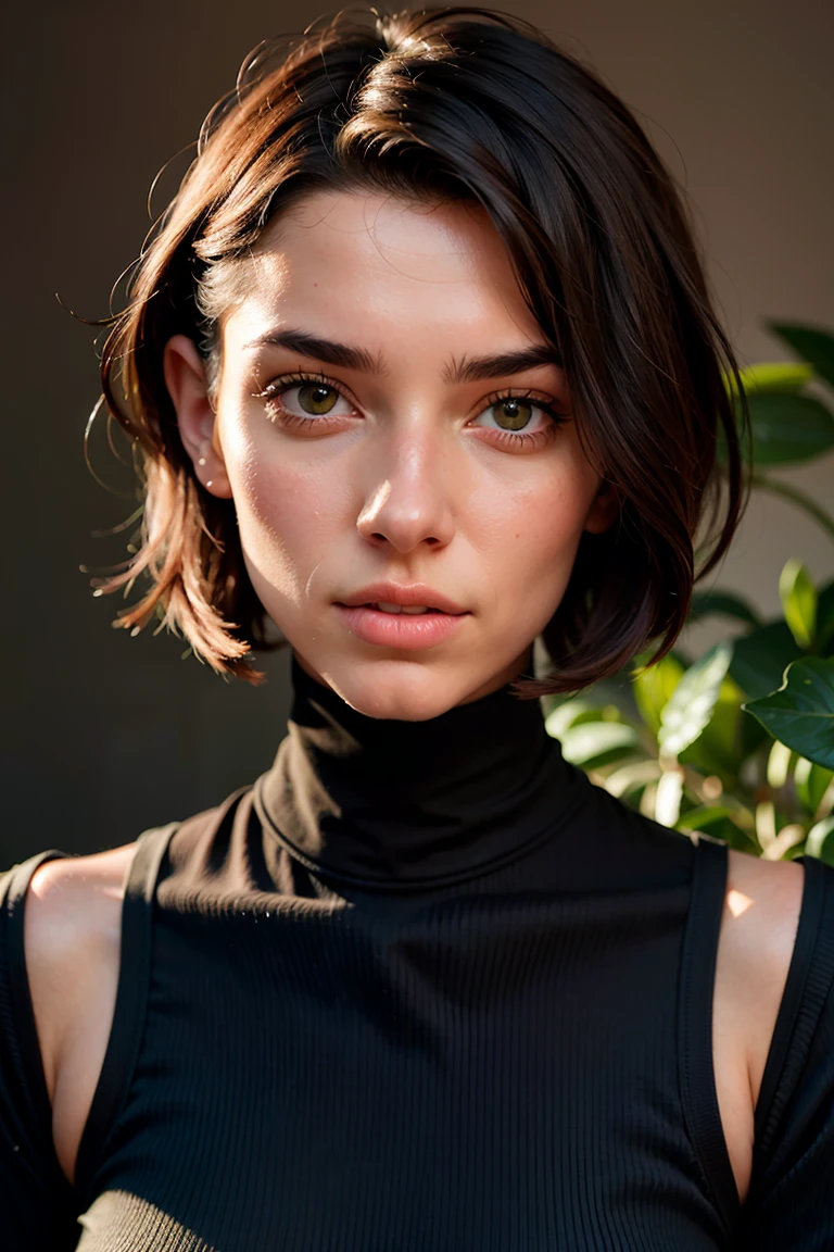 A stunning intricate full color portrait of zaraZof1, wearing a black turtleneck, epic character composition, by Ssunbiki, alessio albi, nina masic, sharp focus, natural lighting, subsurface scattering, f2, 35mm,, very short hair