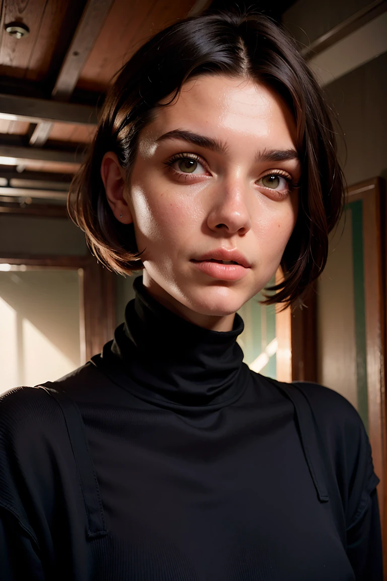 A stunning intricate full color portrait of zaraZof1, wearing a black turtleneck, epic character composition, by Ssunbiki, alessio albi, nina masic, sharp focus, natural lighting, subsurface scattering, f2, 35mm,, very short hair