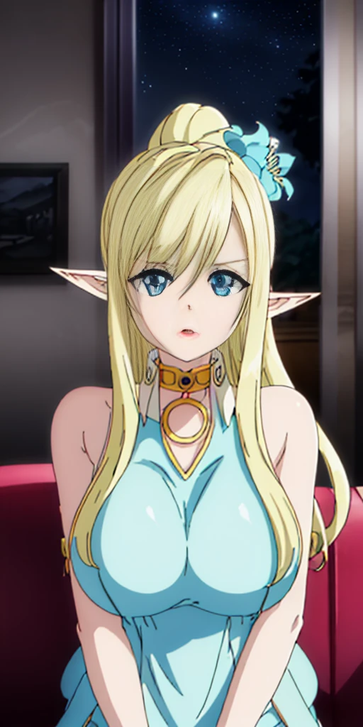 (Night:1.7), a room with a couch, paintings and a door in it's center wall and a checkered floor, blurry, indoors ((Sitting at attention)) (Sitting on_couch:1.5) pointy ears, elf, blonde_hair,hair_between_eyes, long_hair, long_pointy_ears, high ponytail, hair_ornament,blue_flower,Blue_Eyes, 1 girl, 20yo,Young female,Beautiful Finger, beautiful long legs, beautiful body,Beautiful Nose,Beautiful character design, perfect eyes, perfect face,expressive eyes, ((looking_at_viewer)),(Upper_body),(Focus on her face), official art, extremely detailed CG unity 8k wallpaper, perfect lighting,Colorful, Bright_Front_face_Lighting, shiny skin, (masterpiece:1.0),(best_quality:1.0) ultra high res,4K,ultra-detailed, photography, 8K, HDR, highres, absurdres:1.2, Kodak portra 400, film grain, bokeh:1.2, lens flare (beautiful, large Breasts:1.4) (beautiful face:1.5) (narrow waist)