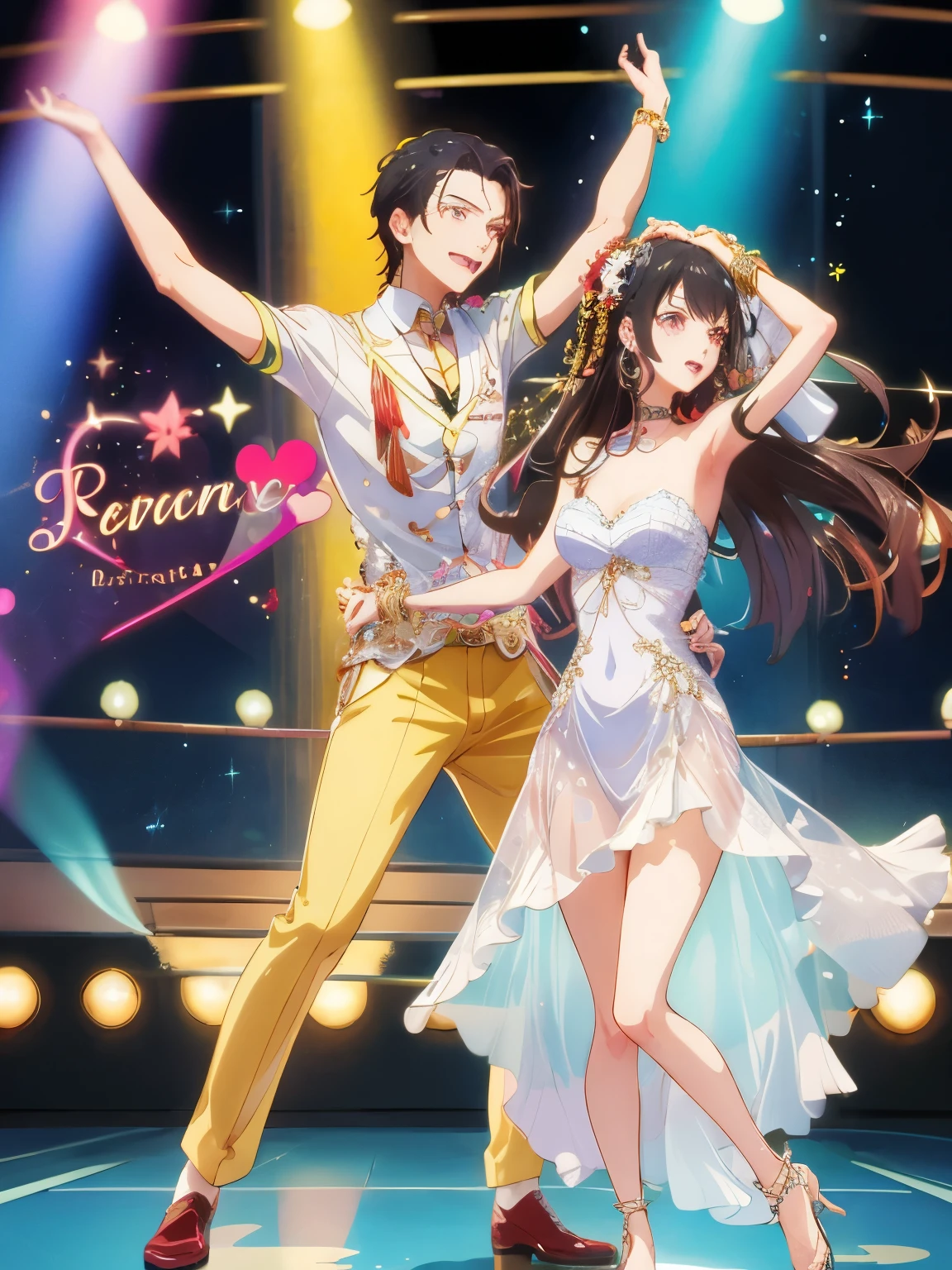 Male and female、Full Body Style、Raise your hands and spin、Black Hair、Hime cut、Let the sides down and tie the hair back、hair ornaments、One-shoulder wine-colored tight dress、See-through、Ballroom dancing、An illustration、Japan anime style、