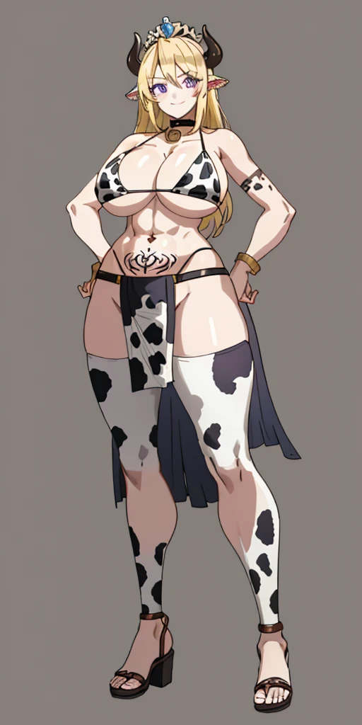 ((plain background:1.2)) ((1girl)) full body, standing, mature, detailed happy face, purple eyes, blonde hair, black and white bikini (cow print bikini) abs, big knockers, golden chain collar, stomach tattoo (red tattoo under belly button) (navel) whole body, 1solo (girl), slave fighter, loincloth standing, hands on hips, metal sandals, choker, big belt, looking to viewer, view from below, cow boy shot, far shoot, feet together, bracers, tiara