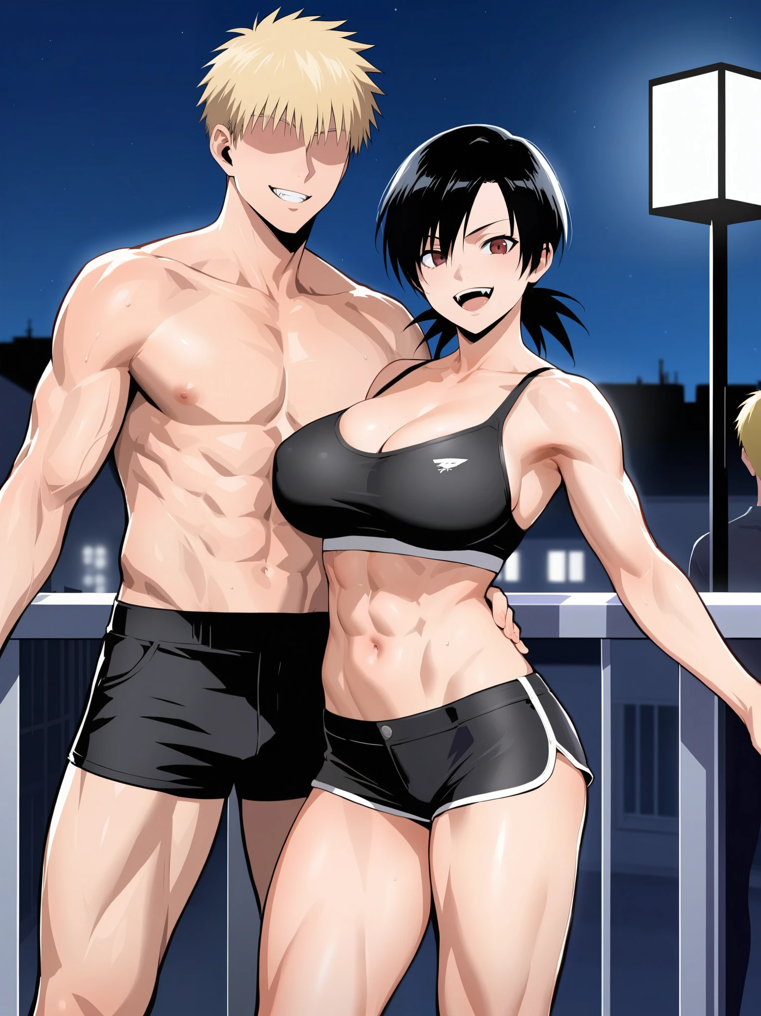 score_9, score_8_up, source_anime, standing, hellsing, seras, blonde hair, nude, indoors, night, night sky, nighttime, vampire, smirk, fangs, ikuchan, balcony, town background, clothed, wearing shorts, crop top, abs, muscular female, muscular male, large breasts, boyfriend, couple, sfw, looking at viewer, faceless male, dark skinned male, cuckold pov, ntr, netorare, standing side by side, standing, cuckolding, cuck, 1girl, 1boy, duo, ((duo focus)), black haired male, interracial, BLACKED, bbc, raceplay, smug, humiliation, ((faceless male)), ((size difference)), tall male, ((duo))