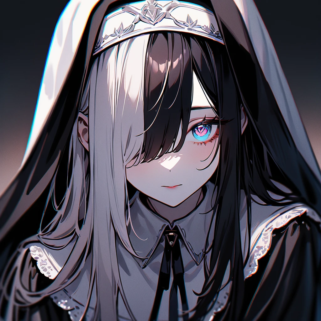 girl,Portraiture,pale colour,masterpiece,highest quality,so beautiful,Absurd,Alternative color,chromatic aberration,Inner hair color, High Contrast, Marble Eyes,human,habit,body,encouragement, Dark,Hair on one eye,Hair between the eyes,Kneel,Darkness and light,Straight Hair,One Eye,splitcolorhair,Thin Hair