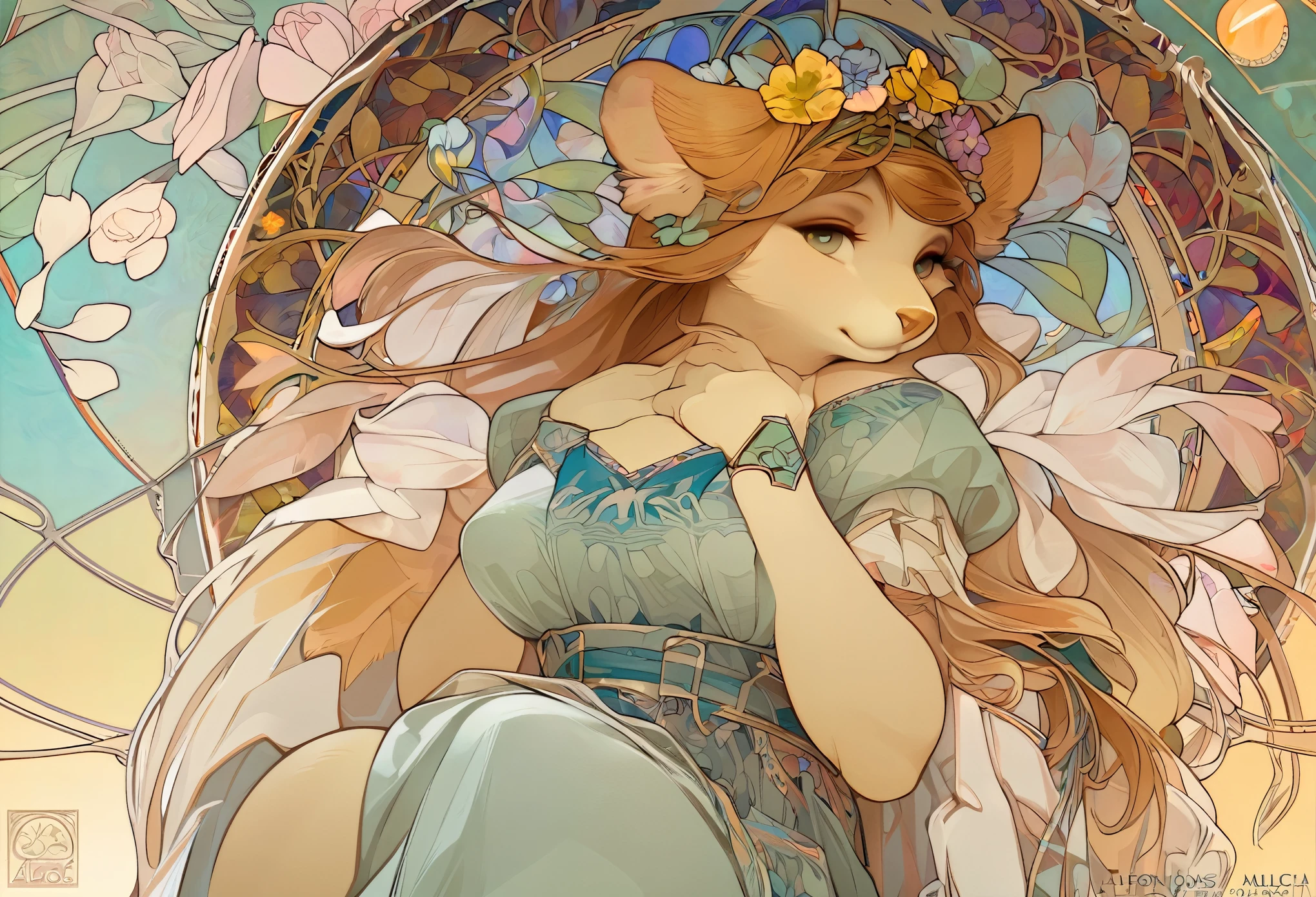 highres, top quality, best quality, paid reward available, High-quality illustrations by Alfons Mucha, unparalleled masterpiece, perfect artwork, absurdres, logo mark, stamp, Geometric pattern, vector-art, masterpiece(kemono, furry anthro)flower,