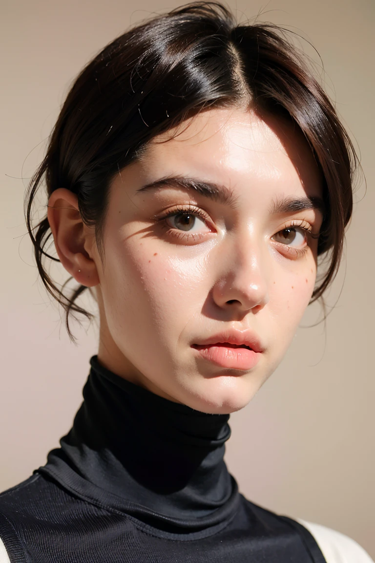 A stunning intricate full color portrait of zaraZof1, wearing a black turtleneck, epic character composition, by Ssunbiki, alessio albi, nina masic, sharp focus, natural lighting, subsurface scattering, f2, 35mm,, very short hair