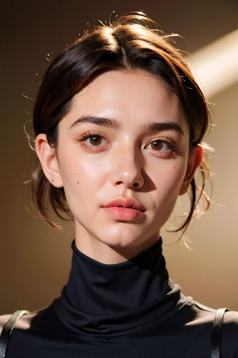 A stunning intricate full color portrait of zaraZof1, wearing a black turtleneck, epic character composition, by Ssunbiki, alessio albi, nina masic, sharp focus, natural lighting, subsurface scattering, f2, 35mm,, very short hair