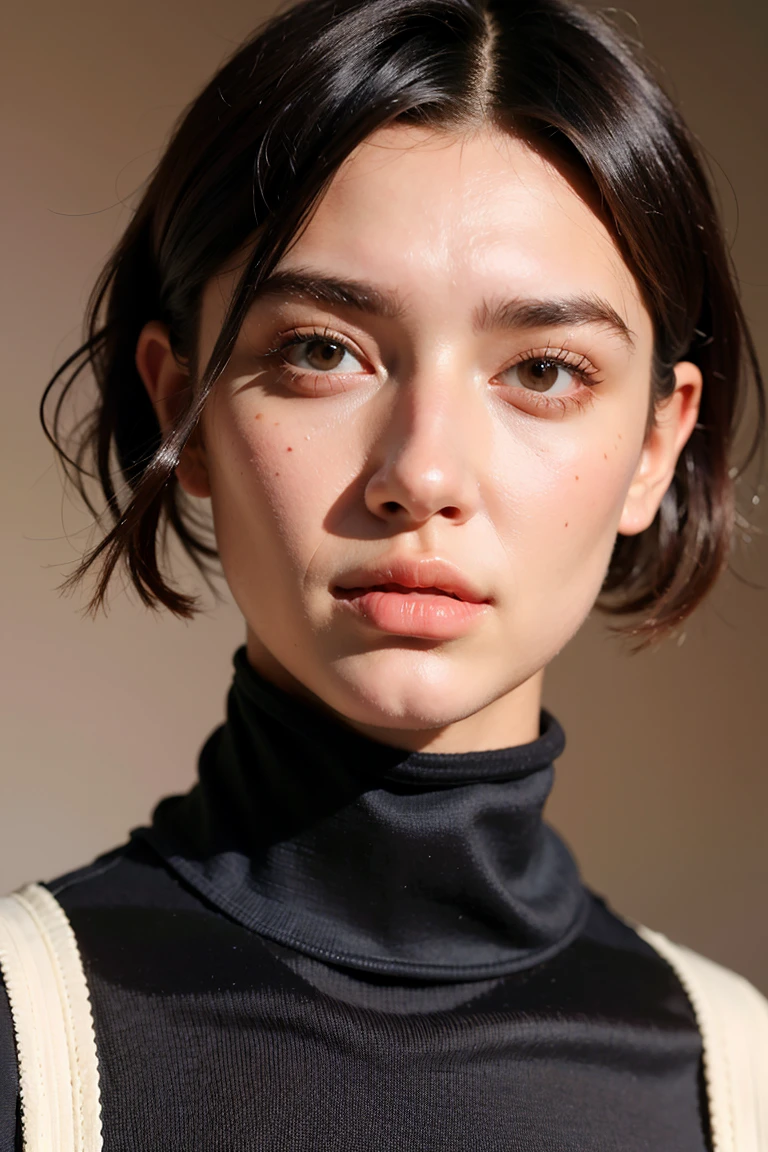 A stunning intricate full color portrait of zaraZof1, wearing a black turtleneck, epic character composition, by Ssunbiki, alessio albi, nina masic, sharp focus, natural lighting, subsurface scattering, f2, 35mm,, very short hair