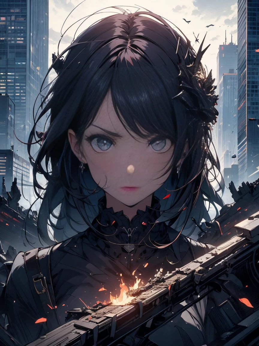 Absurd, High resolution, Very detailed, (One Girl:1.3),Remains、 Complex architecture, break , Creating a destructive image of the devil, It has horrible features, Dark Power, A desire for chaos and destruction. break , Capture unique and diverse perspectives, Curved perspective. break , Add rooftop views to your cityscape, Panoramic cityscape,