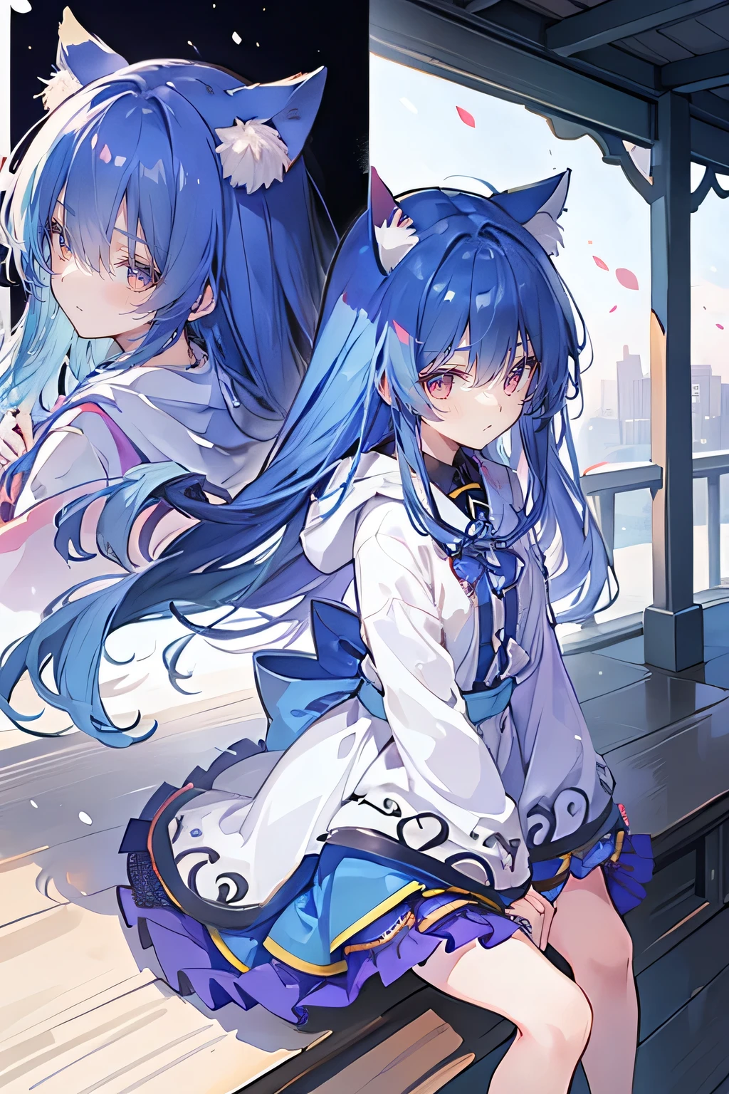 (masterpiece:1.2),Super detailed,lifelike,Expressive eyes,fair skin,perfect face shape,1 girl,
Japanese comics,Gorgeous blue hair,flowing blue hair,flowing clothes,Cat ears,Petals fall,beautiful lola,Baby Angel,
Shaking head with one hand,Cross your legs,Gentle and peaceful background,The pavilion is cool and comfortable,smile, wearing hoodie, background of tokyo,back views,snowing, winter.