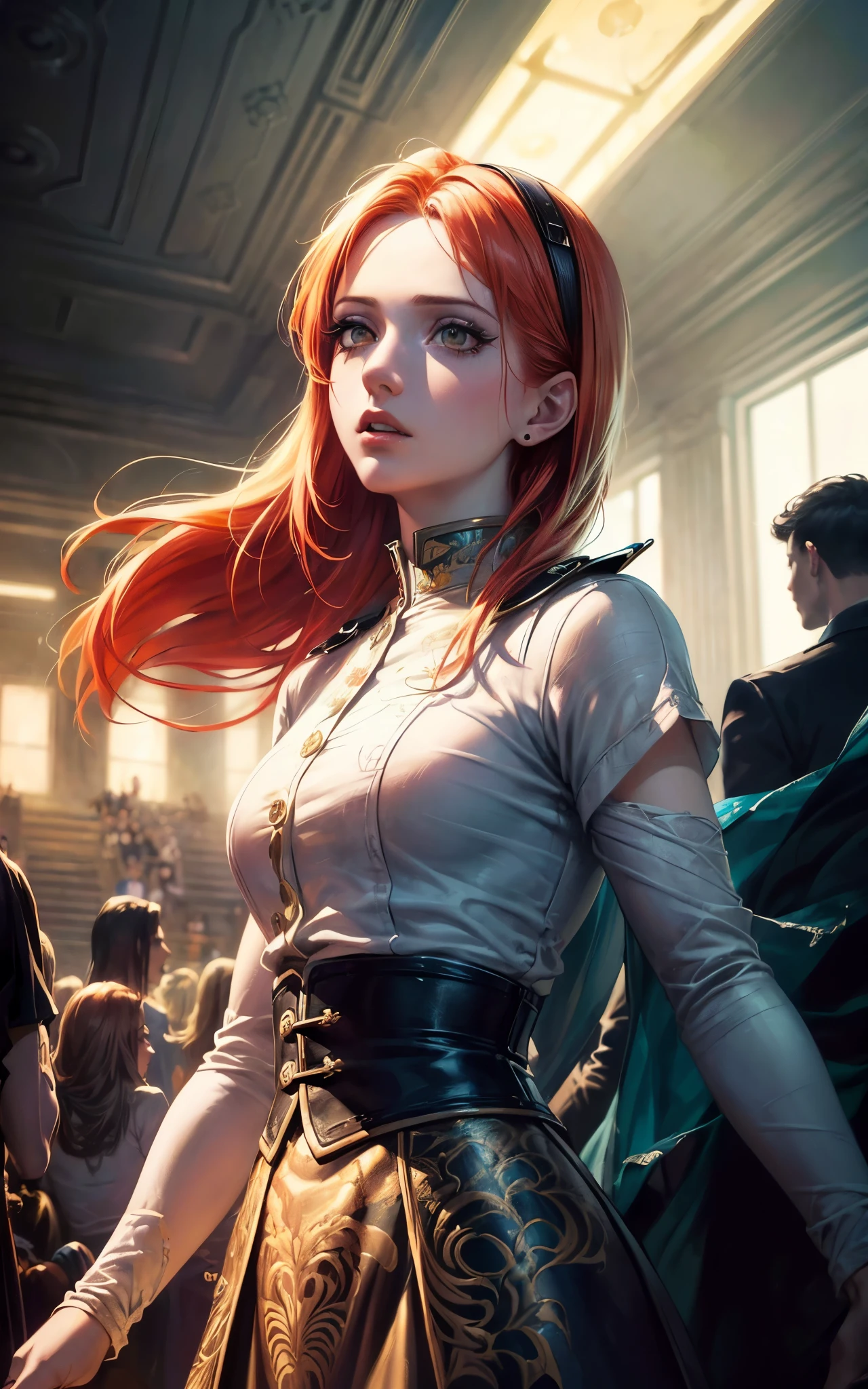 (Emily Rudd:Hayley Williams) best quality, masterpiece, (realistic:1.2), detailed face, beautiful eyes, (masterpiece, top quality, best quality, official art, beautiful and aesthetic:1.2), (1girl:1.4), extreme detailed, (Joshua Middleton comic cover art:1.1), (Action painting:1.2), (concretism:1.2), theater dance scene, (hypermaximalistic:1.5), colorful, highest detailed,