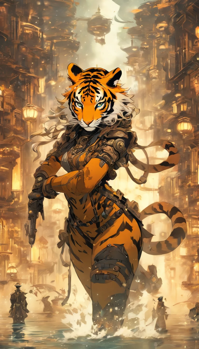 Chinese ink style，Steampunk world，Tiger-shaped steampunk warframe girl，Jet steam is suspended in the city air，Ink animation art，Ink comic art，water ink，ink，Smudge，8K，Delicately portrayed，Works of masters，Black and white tones
