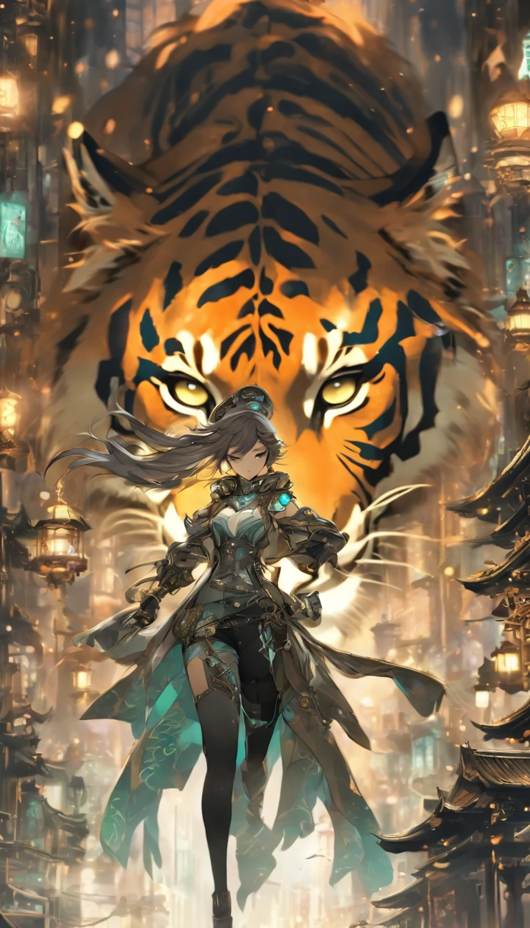 Chinese ink style，Steampunk world，Tiger-shaped steampunk warframe girl，Jet steam is suspended in the city air，Ink animation art，Ink comic art，water ink，ink，Smudge，8K，Delicately portrayed，Works of masters，Black and white tones