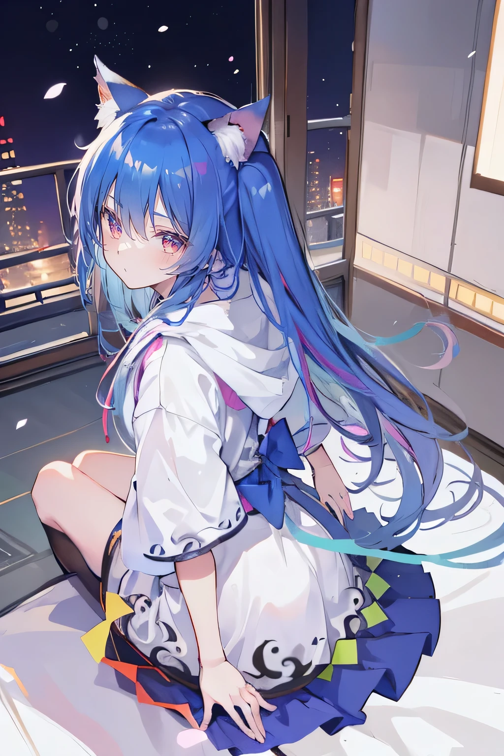 （masterpiece：1.2），Super detailed，lifelike，Expressive eyes，fair skin，perfect face shape，1 girl，
Japanese comics,Gorgeous blue hair,flowing blue hair,flowing clothes,Cat ears,Petals fall,beautiful lola,Baby Angel,
Shaking head with one hand，Cross your legs，Gentle and peaceful background，The pavilion is cool and comfortable,smile, wearing hoodie, background of tokyo,back views,snowing, winter.