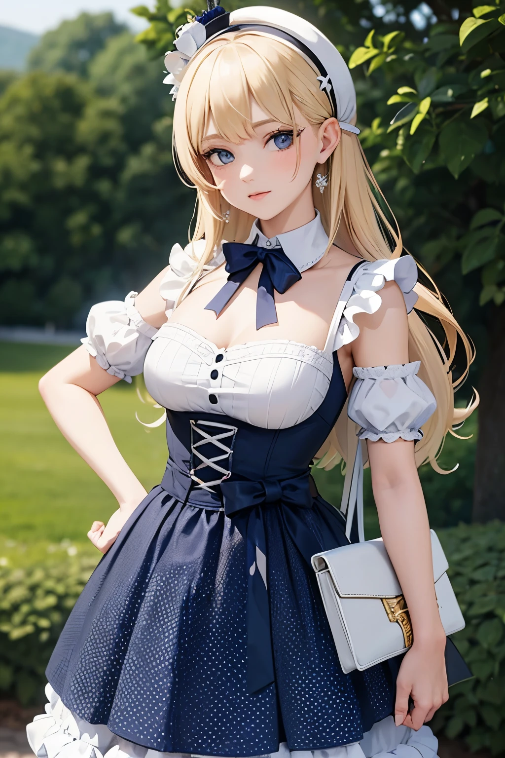 Photo of a gorgeous young blonde woman wearing an extremely conservative white and dark blue polka dot dress with short puff sleeves, fully dressed in pearls for Royal Ascot