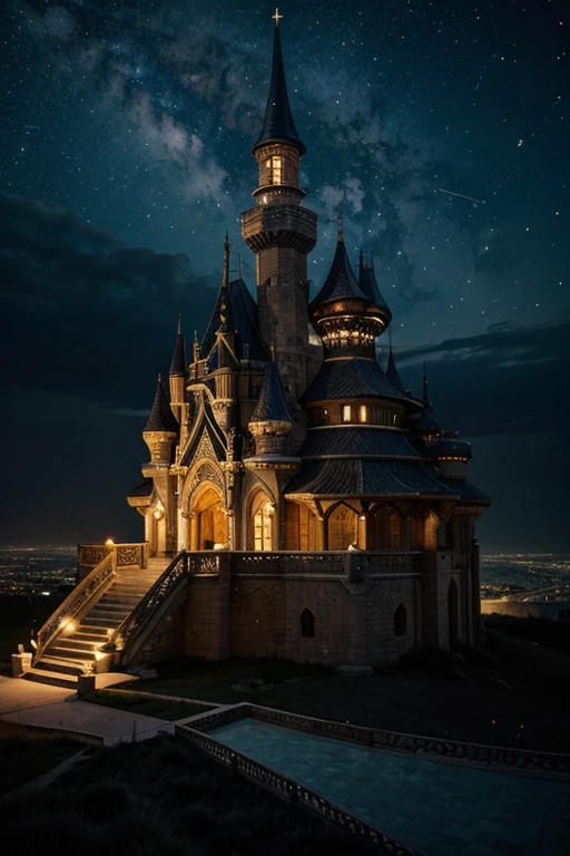 A fantasy palace at the top of the city under the stars