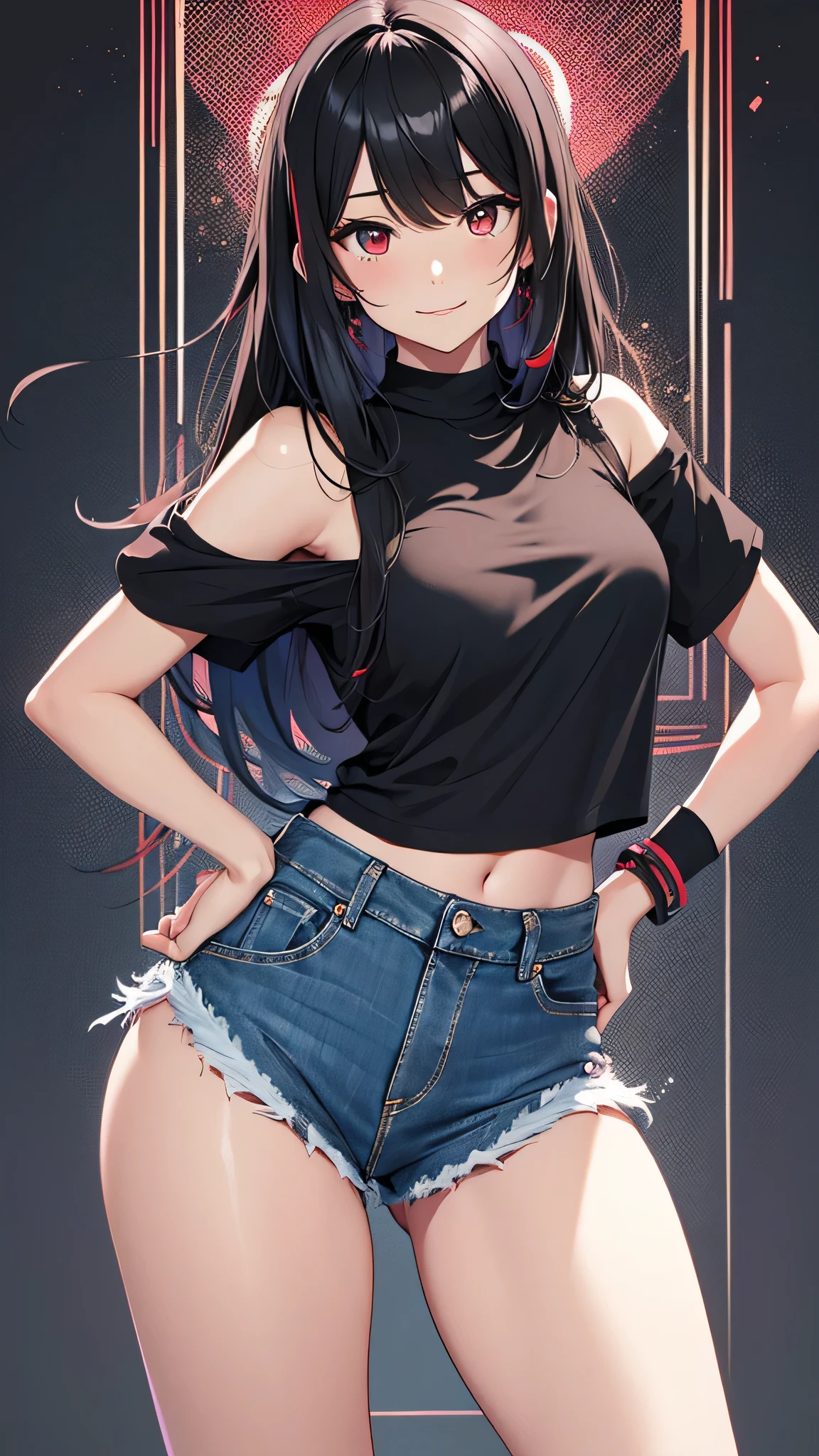 最high quality、Best image quality、masterpiece、girl((18-year-old、 By becoming、Best Bust、Medium Bust,Wide open breast tea、Red glowing eyes,Black Hair、Red Mesh、Disheveled Hair、Lointail、thin,The highest valley、Open chest、Luminous Wristbands、hair ornaments、Show the whole body,Black short sleeve T-shirt、Wear a shoulder bag、Short denim trousers、Leaning forward、smile、Disheveled,Hands on hips、turn around)),high quality、Beautiful art、background((Black Room、Black Wall、Black furniture、Big black TV、Black PC、red paint))、Flight、Flying debris、Written boundary depth、movie、Visual Arts、Perfect art、8K,Genuine,