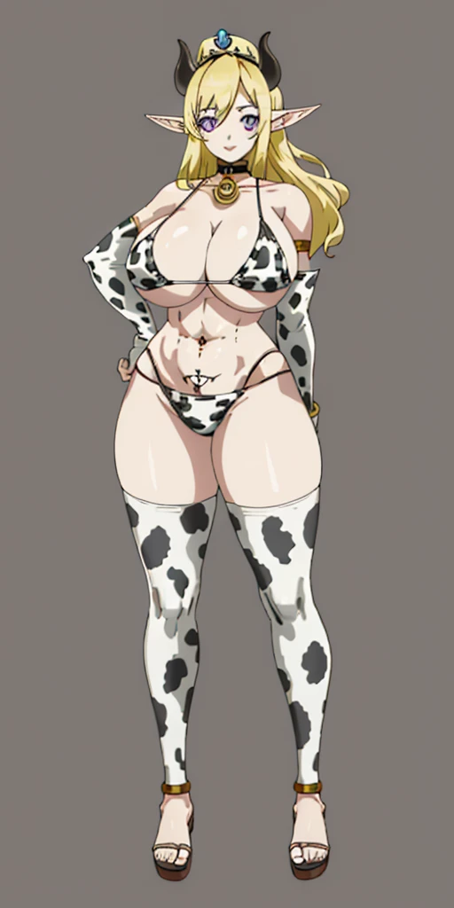 ((plain background:1.2)) ((1girl)) full body, standing, elf, mature, detailed happy face, purple eyes, blonde hair, black and white bikini (cow print bikini) (detached sleeves and stockings like ciw print) abs, big knockers, golden chain collar, stomach tattoo (red tattoo under belly button) (navel) whole body, 1solo (girl), standing, hands on hips, metal sandals, choker, big belt, looking to viewer, view from below, cow boy shot, far shoot, feet together, bracers, tiara