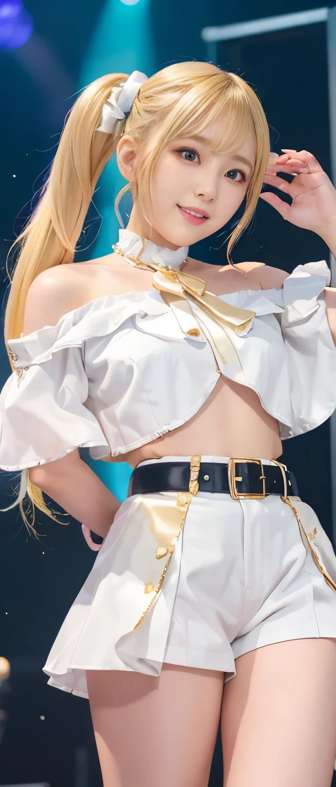Gorgeous Cyber Idol Girl、whole body、Good style、、、、、、、、White and gold tight shorts costume（Off the shoulder）、、、、、Blonde Pigtail、、Wonder Belt
