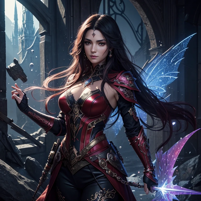 red, masterpiece,dark fantasy, artistic exclusive, mixing of styles, mysticism, fairy tales,happiness, beauty,fabulous,fantastic creatures,armor,hybrids of fantasy colors,powerful assassin,demigod girl,behelite,unusual appearance,tattoos, scars, ice drops, colored threads,space,droplets,shine,glow, iridescence,sparkles,aesthetically pleasing,beautiful,realistic, professional photo,pixel graphics,bright lighting,clear drawing, high detail, hyperrealism, juicy, voluminous, bright,64k