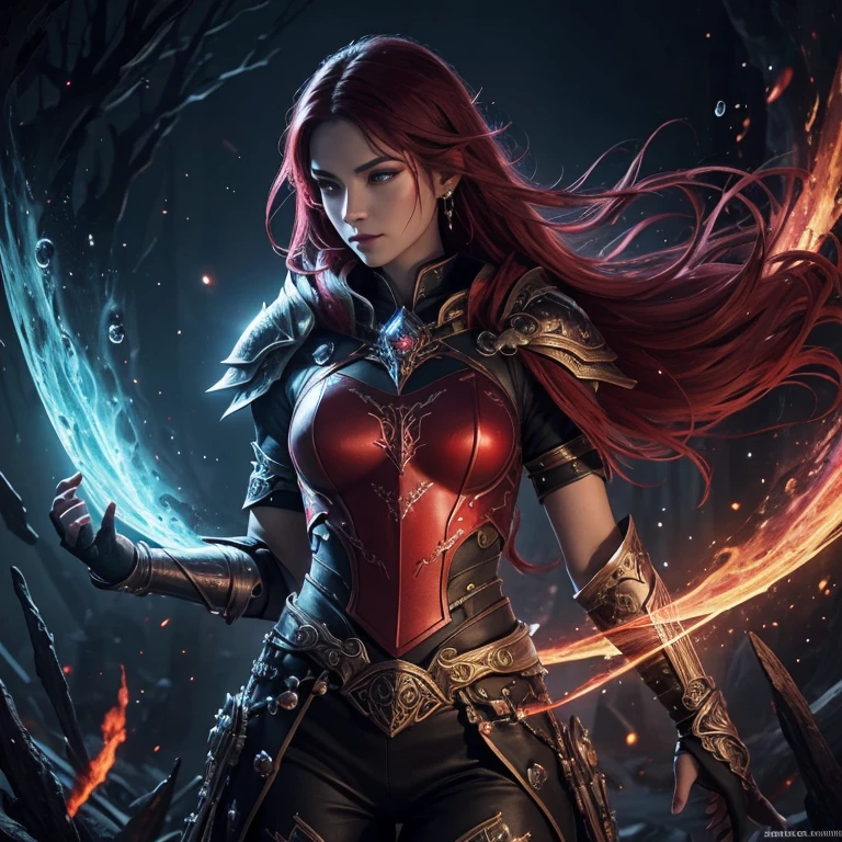 red, masterpiece,dark fantasy, artistic exclusive, mixing of styles, mysticism, fairy tales,happiness, beauty,fabulous,fantastic creatures,armor,hybrids of fantasy colors,powerful assassin,demigod girl,behelite,unusual appearance,tattoos, scars, ice drops, colored threads,space,droplets,shine,glow, iridescence,sparkles,aesthetically pleasing,beautiful,realistic, professional photo,pixel graphics,bright lighting,clear drawing, high detail, hyperrealism, juicy, voluminous, bright,64k