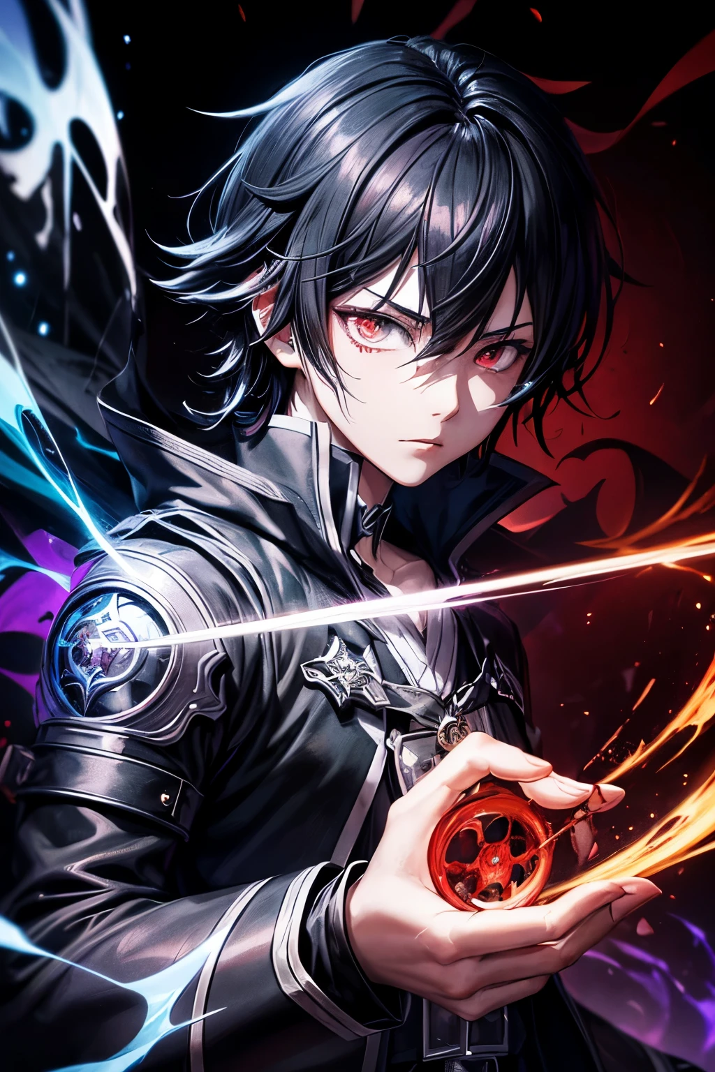 (masterpiece:1.2、highest quality), (Exquisite beautiful eyes: 1.2), (Detailed Background、Dark fantasy), (Beautifully detailed face), High Contrast, (Best lighting、Very delicate and beautiful), ((Cinema Lighting) )), colorful, Hyper Detail, Dramatic Light, Intricate details, (1 boy, solo, White shorthair, Sharp Face, Red eyes, Hair between the eyes, Dynamic Angle), (Blood splatter:1.4), Black light swirling around the character, Depth of written boundary, black light particles, Nightcore, black magician, hijikata toushirou, Spectacular anime style, Kirito, zerochan art, Anime Wallpaper, Burning, High quality anime art style, Key Anime Art, inspired by Masanobu Okumura