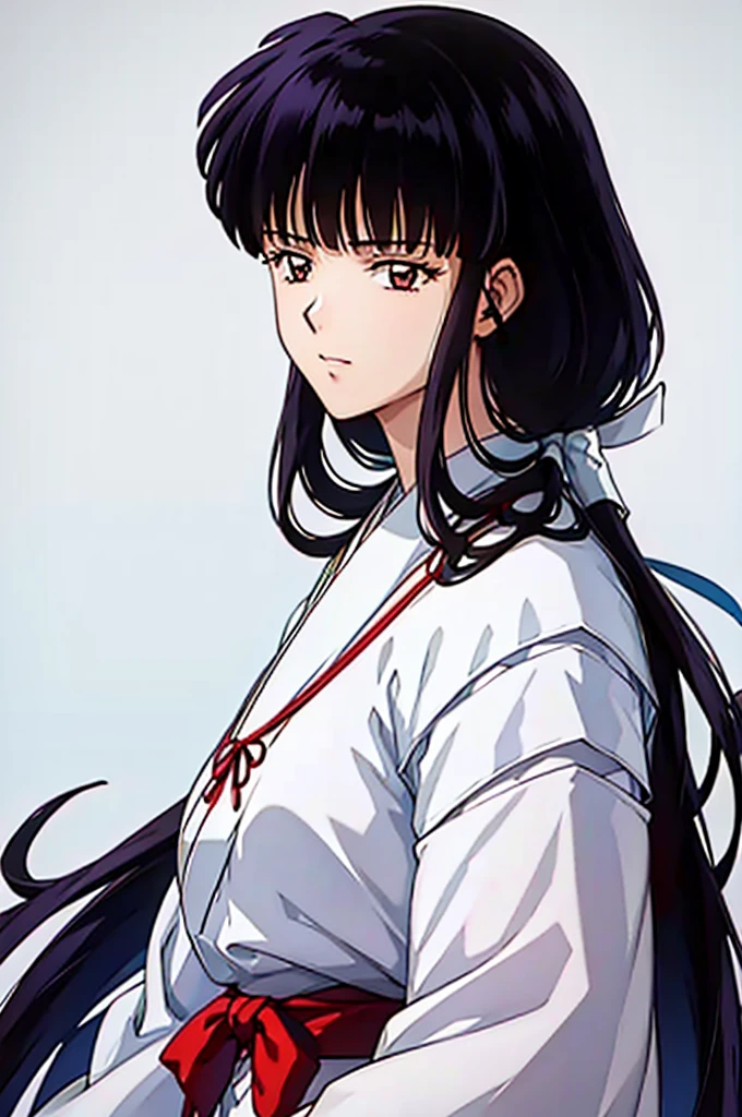 masterpiece, best quality, ultra detailed, extremely detailed, beautiful detailed glow, ultra high res, very high res, beautiful ,best aesthetic, 8k,,((beautiful face)), 2d anime, (more detailed eyes), Slender, reduce hair volume, beautiful detailed hair, an adult woman, beautiful Japanese woman, black long hair, face shot, simple white background, wearing a kimono, tie hair, realistic skin texture, ((happy))