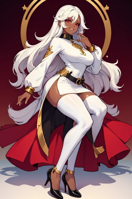female, white long hair, red eyes, dark skin, (((1girl))), (((white long sleeve dress))), (black belt), (gold heels), black leggings, (gold jewelry), cute and sexy, full body, large breasts, large butt, long legs, smiling