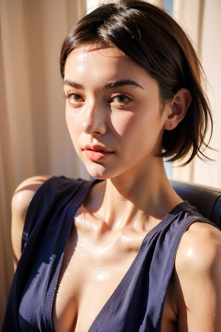 A stunning intricate full color portrait of zaraZof1, wearing a revealing clothe, epic character composition, by Ssunbiki, alessio albi, nina masic, sharp focus, natural lighting, subsurface scattering, f2, 35mm,, very short hair