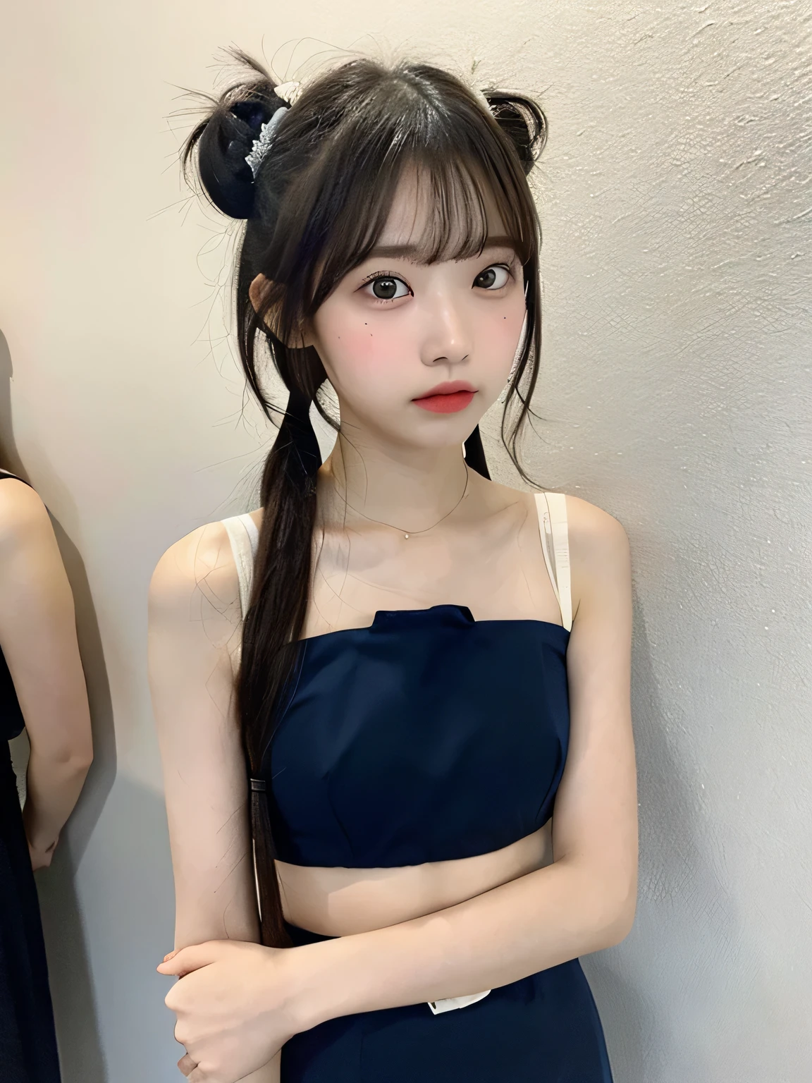 one person、16 years old、Full body photo、slender、woman、White drool coming out of the mouth、Twin tails、 Fair skin, messy hair, super cute、Soft and Face、8k resolution、Surreal、Ultra high definition、 A-cup small breasts（（Highest resolution、8k、masterpiece：1.3））、Ultra-fine face、Ultra Fine Lips、Beautiful Eyes、double eyelid,Light blue wall、Navy blue bandeau dress:1.1、Thighs、thin,Thighs are visible、Shapely small breasts、