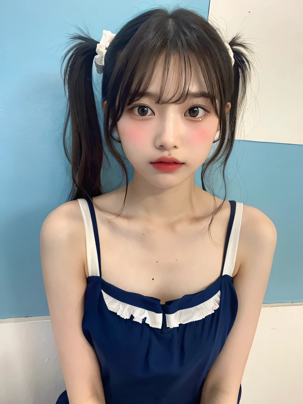 one person、16 years old、Full body photo、slender、woman、White drool coming out of the mouth、Twin tails、 Fair skin, messy hair, super cute、Soft and Face、8k resolution、Surreal、Ultra high definition、 A-cup small breasts（（Highest resolution、8k、masterpiece：1.3））、Ultra-fine face、Ultra Fine Lips、Beautiful Eyes、double eyelid,Light blue wall、Navy blue bandeau dress:1.1、Thighs、thin,Thighs are visible、Shapely small breasts、