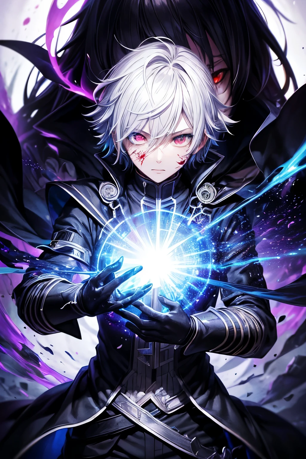 (masterpiece:1.2、highest quality), (Exquisite beautiful eyes: 1.2), (Detailed Background、Dark fantasy), (Beautifully detailed face), High Contrast, (Best lighting、Very delicate and beautiful), ((Cinema Lighting) )), colorful, Hyper Detail, Dramatic Light, Intricate details, (1 boy, solo, White shorthair, Sharp Face, Red eyes, Hair between the eyes, Dynamic Angle), (Blood splatter:1.4), Black light swirling around the character, Depth of written boundary, black light particles, Nightcore, black magician, hijikata toushirou, Spectacular anime style, Kirito, zerochan art, Anime Wallpaper, Burning, High quality anime art style, Key Anime Art, inspired by Masanobu Okumura