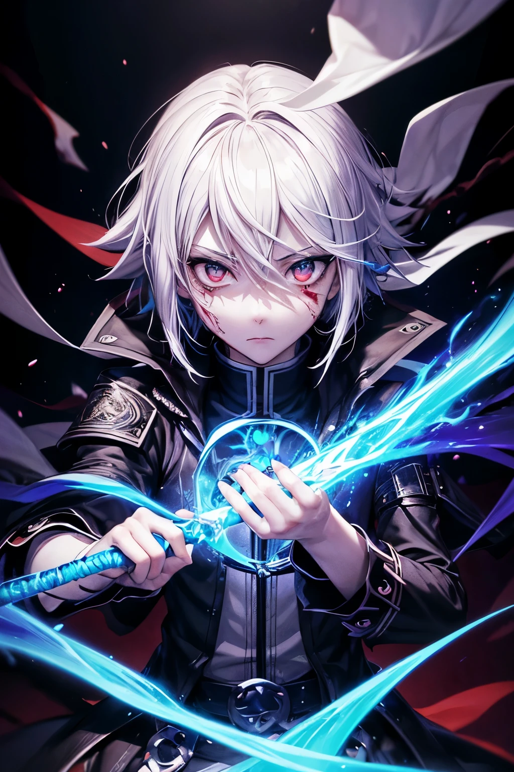 (masterpiece:1.2、highest quality), (Exquisite beautiful eyes: 1.2), (Detailed Background、Dark fantasy), (Beautifully detailed face), High Contrast, (Best lighting、Very delicate and beautiful), ((Cinema Lighting) )), colorful, Hyper Detail, Dramatic Light, Intricate details, (1 boy, solo, White shorthair, Sharp Face, Red eyes, Hair between the eyes, Dynamic Angle), (Blood splatter:1.4), Black light swirling around the character, Depth of written boundary, black light particles, Nightcore, black magician, hijikata toushirou, Spectacular anime style, Kirito, zerochan art, Anime Wallpaper, Burning, High quality anime art style, Key Anime Art, inspired by Masanobu Okumura