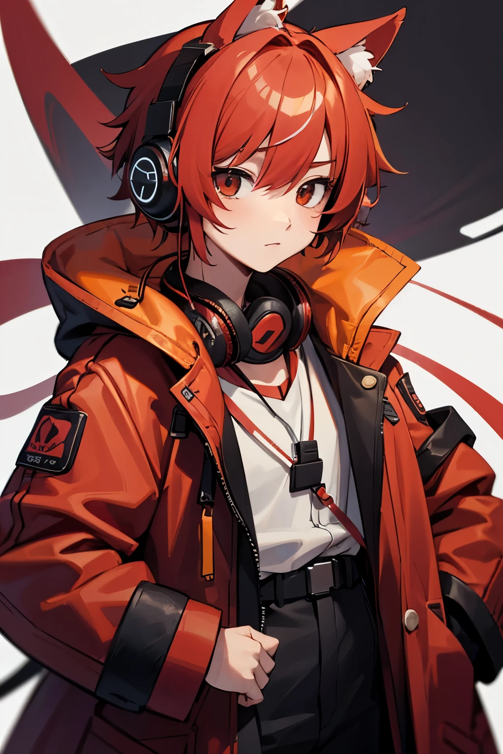 、male、maleの娘、Red hair、Has red kemomimi eary hair is messy、Wearing a futuristic coat、Headphones around my neck、