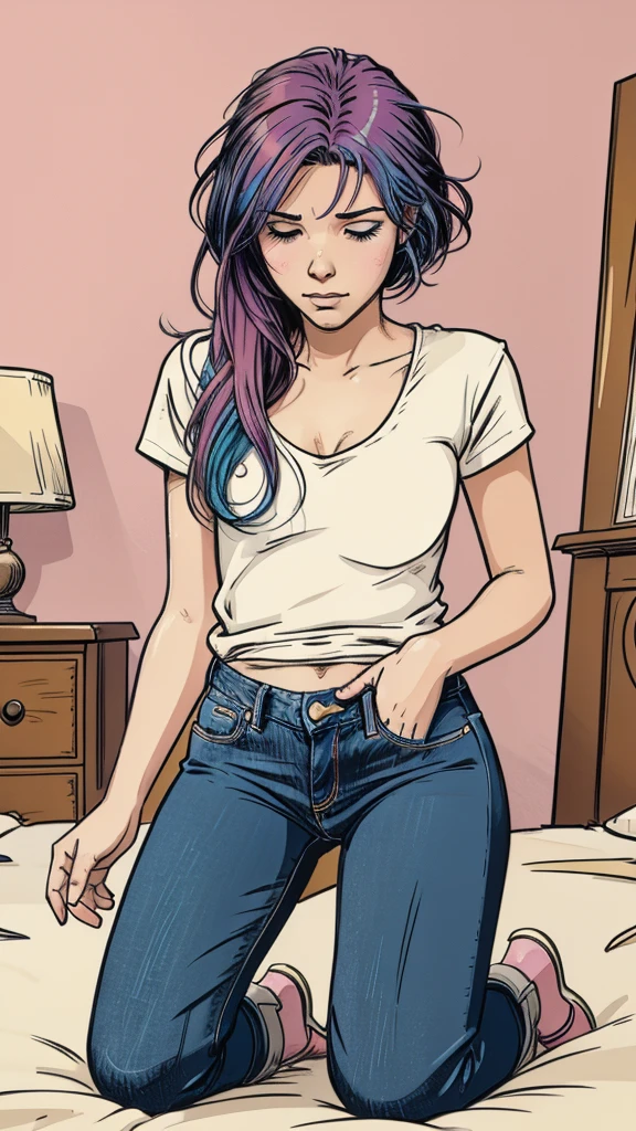 vector image, 2d cartoon,masterpiece, An teenage girl,colored hair, blush, simulates :1.3, tight worn-out jeans,pull herself down on knees