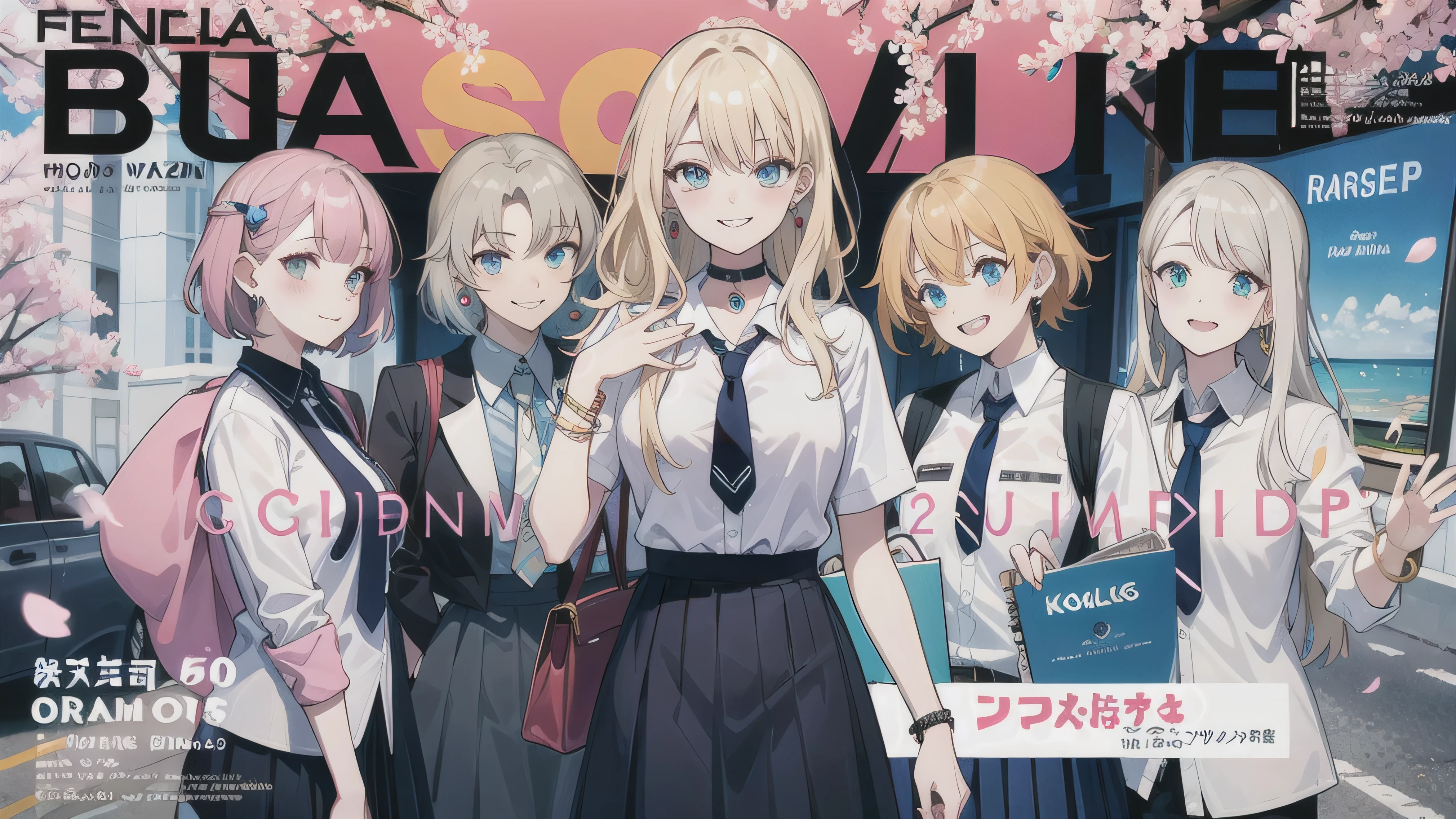 masterpiece, highest quality,  whole body,
One girl, bangs, black choker, Black Tie, Blonde, blue skirt, blush, bracelet, chest, choker, Collared shirt, dress shirt, ear Earrings, Eyebrows visible through hair, Gradient Hair, Grin, jewelry, Kogal, Long Hair, View your viewers, loose necktie, Earrings, skirt, smile, alone, White shirt,
street, null, cherry blossoms, petal,figure, (magazine:1.3), (cover-style:1.3), fashionable, woman, Vibrant, Costume, Pause, front, colorful, dynamic, background,  element, have confidence, Performance, Holding, accessories, The surrounding area, touch, scene, article, cover, bold, to attract attention, title, stylish, font, Catchy, Heading, big, impressive, Modern, trend, concentrated, fashion,