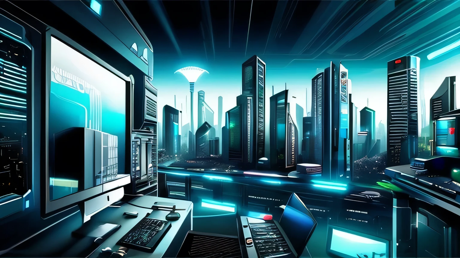 computador ciberpunk, fundo cidade futurista