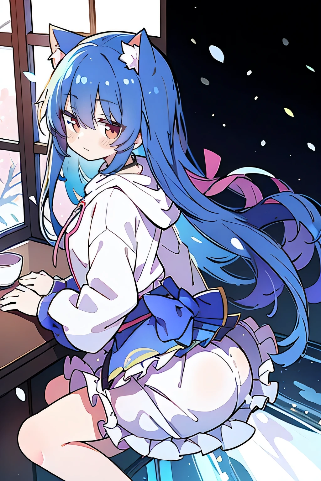 (masterpiece:1.2),Super detailed,lifelike,Expressive eyes,fair skin,perfect face shape,1 girl,
Japanese comics,Gorgeous blue hair,flowing blue hair,flowing clothes,Cat ears,Petals fall,beautiful lola,Baby Angel,
Shaking head with one hand,Cross your legs,Gentle and peaceful background,The pavilion is cool and comfortable,smile, wearing hoodie, background of tokyo,back views,snowing, winter.
