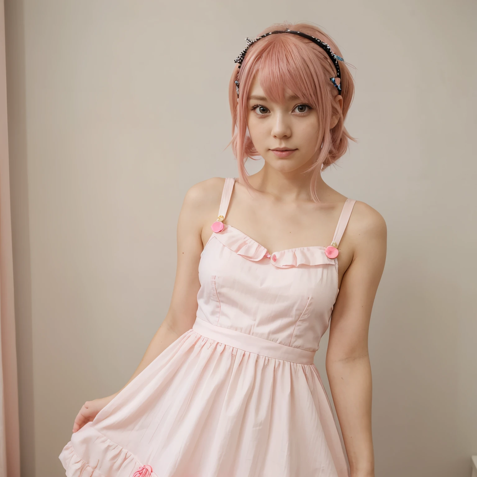 Photo of anime girl with pink hair, candy clips, and a cute dress on