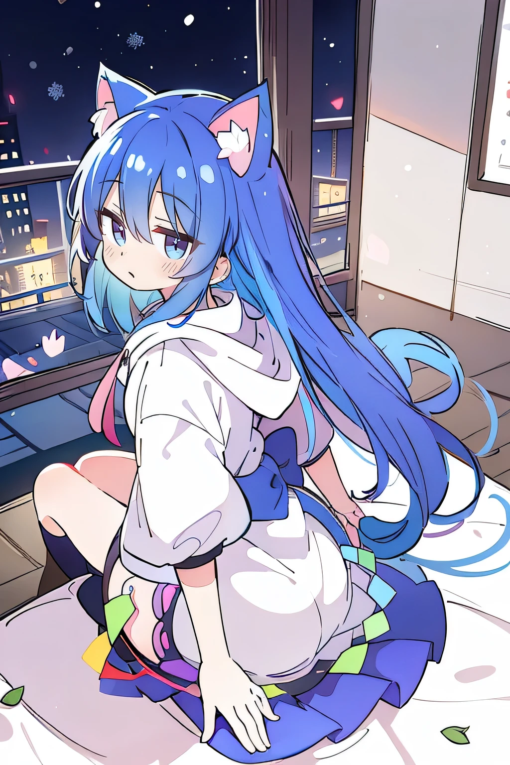 （masterpiece：1.2），Super detailed，lifelike，Expressive eyes，fair skin，perfect face shape，1 girl，
Japanese comics,Gorgeous blue hair,flowing blue hair,flowing clothes,Cat ears,Petals fall,beautiful lola,Baby Angel,
Shaking head with one hand，Cross your legs，Gentle and peaceful background，The pavilion is cool and comfortable,smile, wearing hoodie, background of tokyo,back views,snowing, winter.