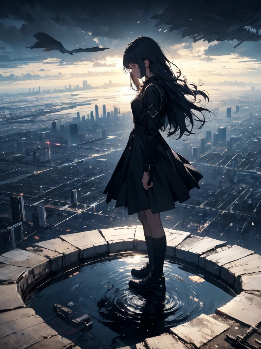 high quality, One Girl, Sad, Look Down, Bottom of the earth, stand up, abyss, A city surrounded by high walls, dark Cloud, Black Dress, Long Hair, Dystopia, dark