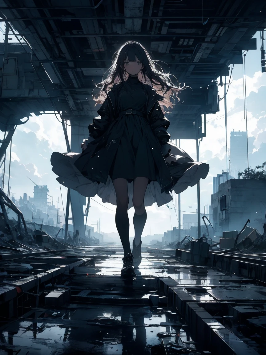 high quality, One Girl, Sad, Look Down, Bottom of the earth, stand up, abyss, A city surrounded by high walls, dark Cloud, Black Dress, Long Hair, Dystopia, dark