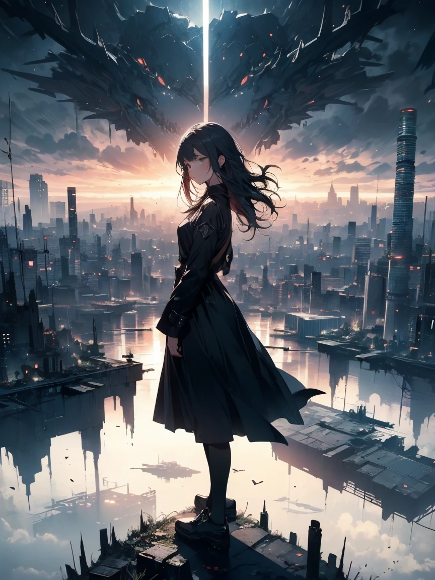 high quality, One Girl, Sad, Look Down, Bottom of the earth, stand up, abyss, A city surrounded by high walls, dark Cloud, Black Dress, Long Hair, Dystopia, dark